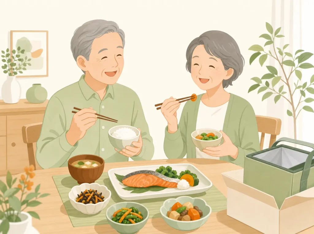 宅配食を楽しむ高齢の親